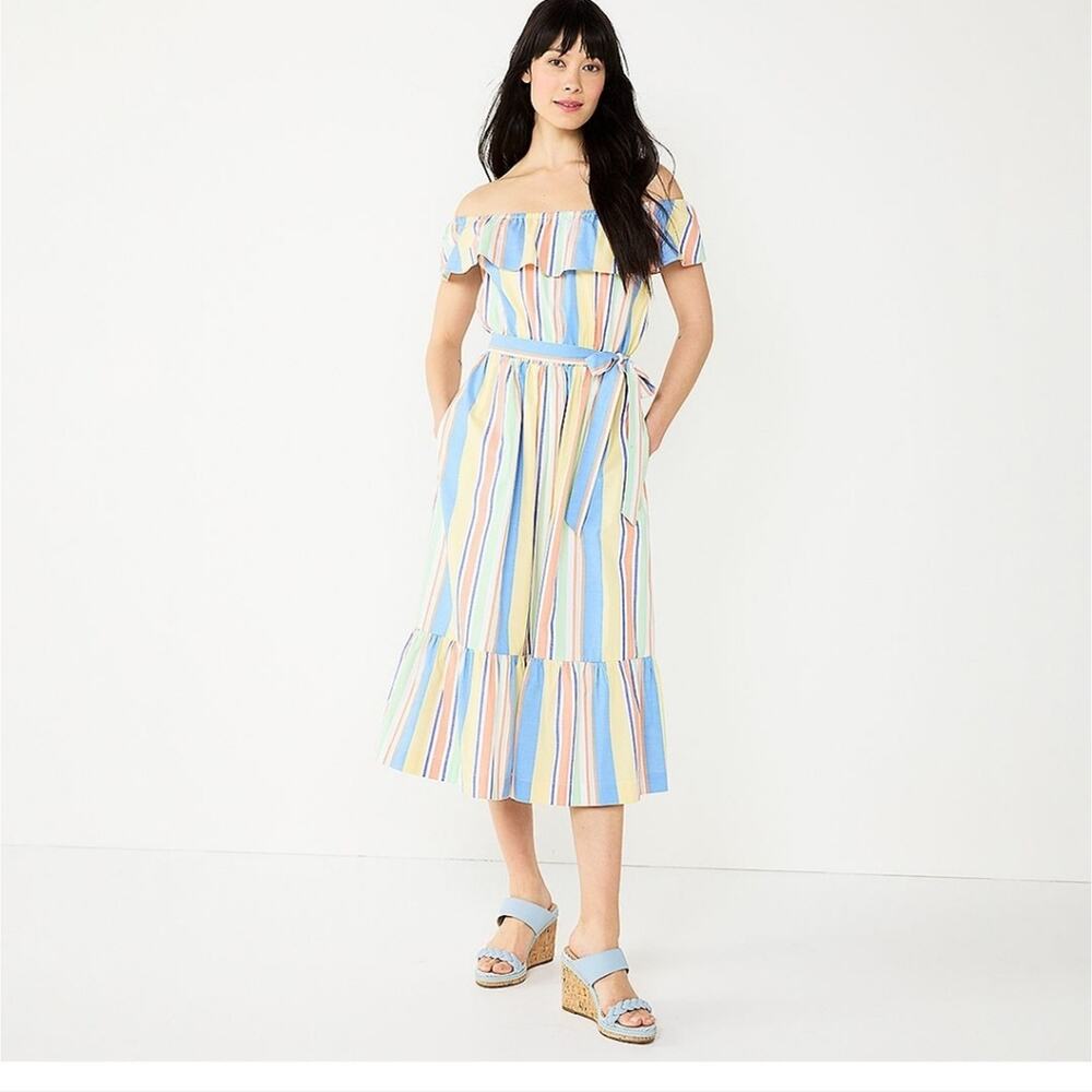 Draper James RSVP Off Shoulder Ruffle Sleeve Striped Midi Dress Size XXL